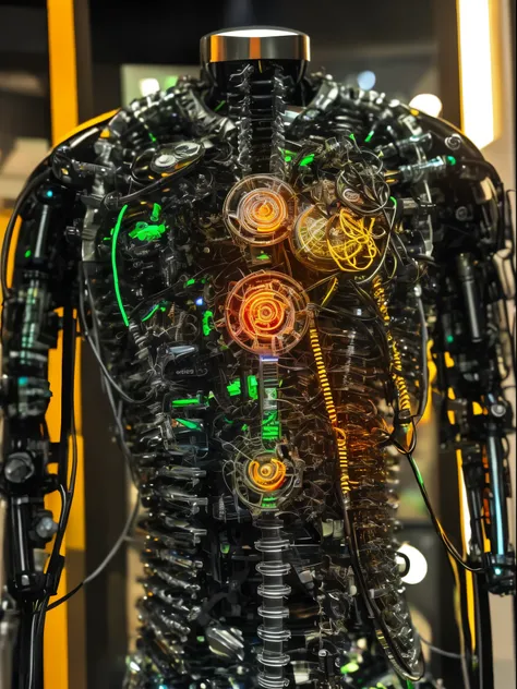 A handsome man Cyborg,with his Rib Cage made  of only glass. Neon cables and gears inside the glass body