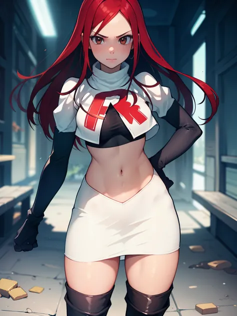 erza scarlet, long hair,red hair, brown eyes, ,team rocket uniform, red letter r, white skirt,white crop top,black thigh-high bo...