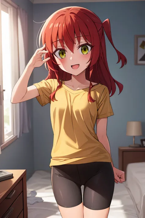 1 girl, best quality, ultra high res, long hair, red hair, green eyes, looking at viewers, small breast, standing, pov, slim body, loli body, small body, smile, open mouth, shirt, yellow shirt, short sleeves, bike shorts, bedroom, white bed sheets,