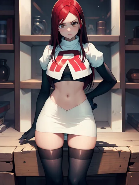 Erza Scarlet, long hair,red hair, brown eyes, ,team rocket uniform, red letter R, white skirt,white crop top,black thigh-high boots, black elbow gloves, looking at viewer, cowboy shot,