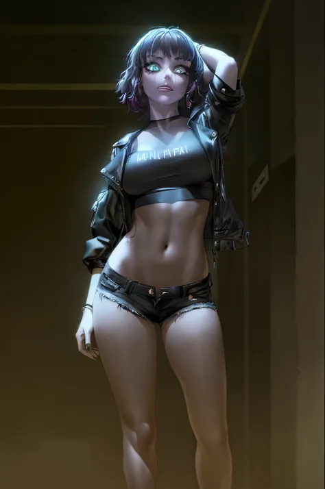 mulher loira com jaqueta de couro preta e shorts jeans posando para uma foto, Cyberpunk 2 0 e. o modelo menina, foto de modelo de menina slim, modelo bonito da mulher cyberpunk, Fantasia sombria cyberpunk sedutora, modelo com corpo atraente, menina de anim...