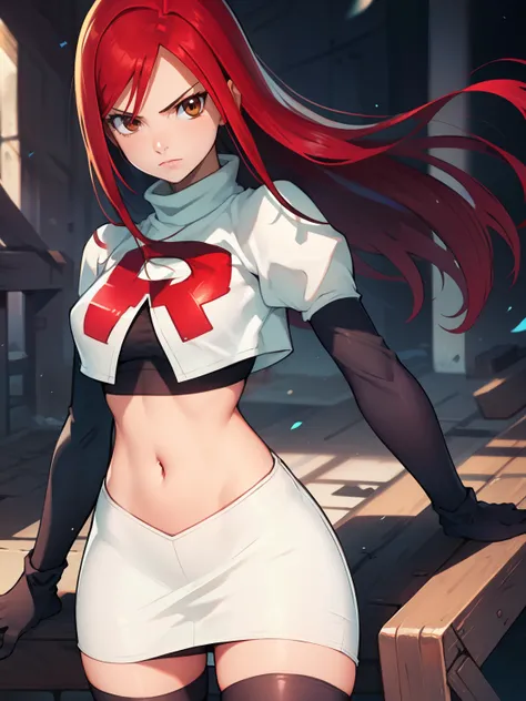 Erza Scarlet, long hair,red hair, brown eyes, ,team rocket uniform, red letter R, white skirt,white crop top,black thigh-high boots, black elbow gloves, looking at viewer, cowboy shot,