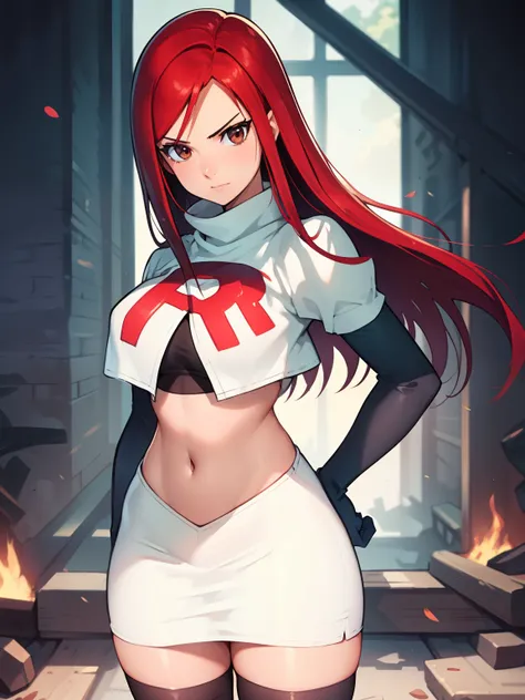 erza scarlet, long hair,red hair, brown eyes, ,team rocket uniform, red letter r, white skirt,white crop top,black thigh-high bo...