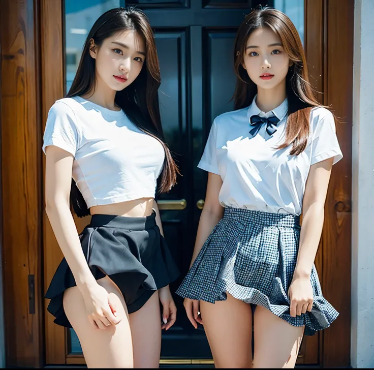 top-quality, 8K picture quality, ​masterpiece, A hyper-realistic, (two girls standing side by side:1.2), (Super big breasts with tension), Whitening Skin, Sparkling blue eyes, Ribbon tie on tight white shirt, Super mini pleated tartan check skirt, (the ski...