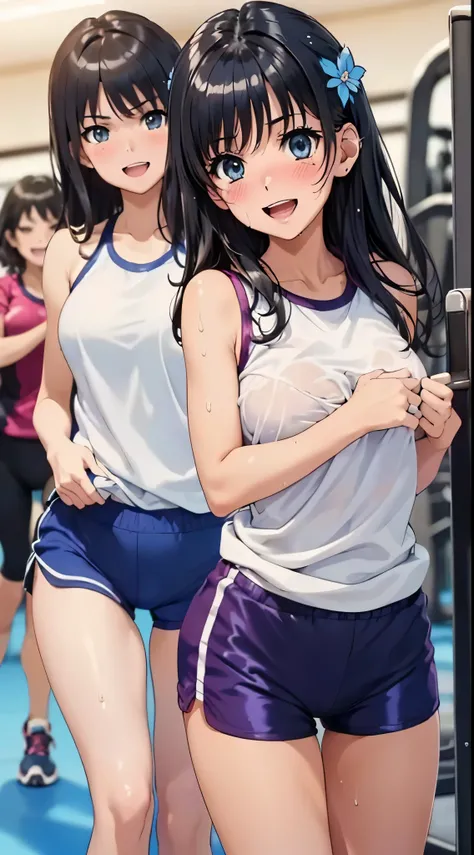 1womanl,Black hair,14years ,(()),Beautiful breasts,(((Sexy white and blue shiny gym clothes and shorts)))(())(((Blushing cheeks、Smile with open mouth)),(((Satin Narico))),((( portlate))),Crowds,Shiny white and blue gym clothes and shorts,wet with sweat