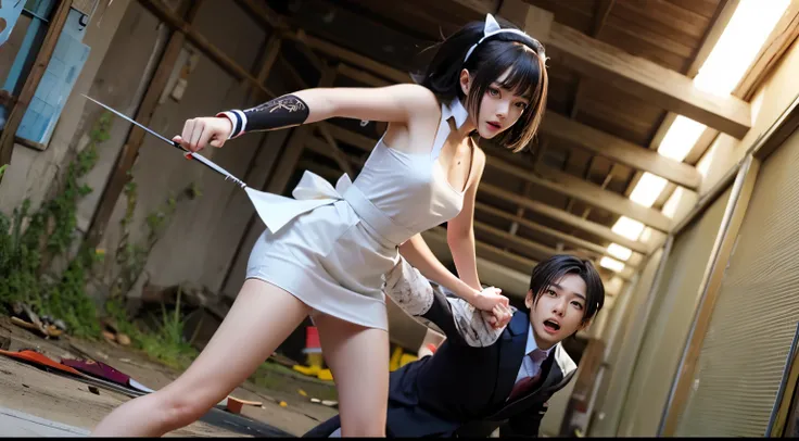 A beautiful and adorable Japanese super model cosplayer has a duel with a young man in a suit in an abandoned building, and the girl has the upper hand, running over the man and brutally assaulting and abusing him.。、　A maid girl happily kicks and tortures ...