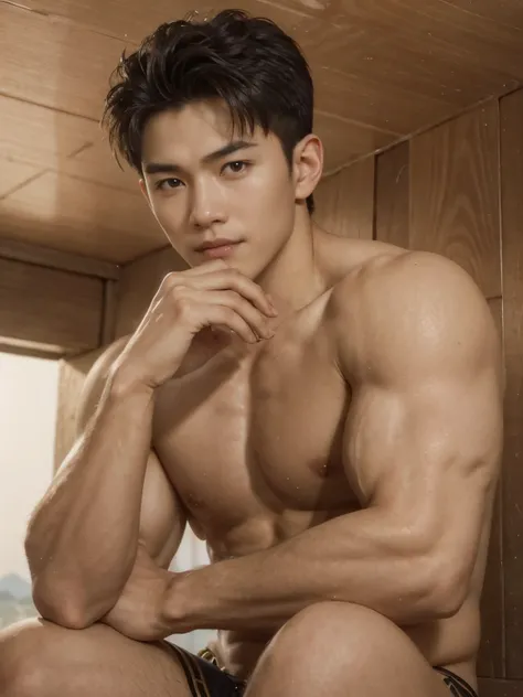 masterpiece, best quality, high quality, intricate details, perfect lightings, 1boy, solo, male focus, looking at viewer, a young handsome muscular vietnamese boy, male model, flexing, mischievous, naughty, detailed eyes, detailed face, smooth hair, realis...