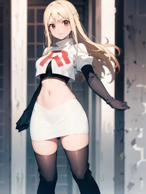 Lucy_Heartfilia, long hair,blonde hair, brown eyes, ,team rocket uniform, red letter R, white skirt,white crop top,black thigh-high boots, black elbow gloves, looking at viewer, cowboy shot