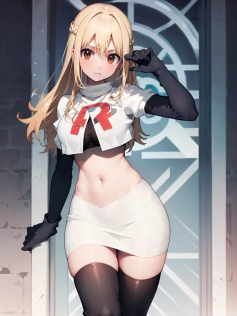 Lucy_Heartfilia, long hair,blonde hair, brown eyes, ,team rocket uniform, red letter R, white skirt,white crop top,black thigh-high boots, black elbow gloves, looking at viewer, cowboy shot