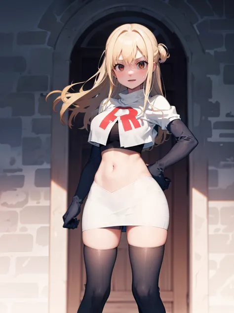 Lucy_Heartfilia, long hair,blonde hair, brown eyes, ,team rocket uniform, red letter R, white skirt,white crop top,black thigh-high boots, black elbow gloves, looking at viewer, cowboy shot