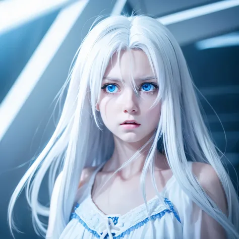 girl white hair long hair blue eyes white clothes miniskirt cool frightened expression anime