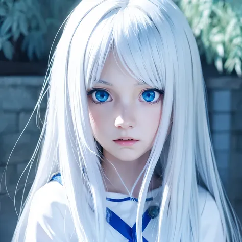 girl white hair long hair blue eyes white clothes miniskirt cool frightened expression anime