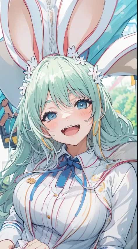 1womanl,Black hair,14years ,(()),Beautiful breasts,(((sexy white and blue shiny bunny suit)))(())(((Blushing cheeks、Smile with open mouth)),(((Satin Narico))),((( portlate))),Crowds,white and blue bunny suit,