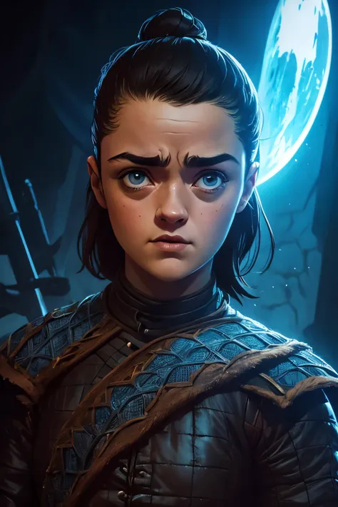 cinematic poster, close-up, Arte centrada, Head and shoulders, 1 girl, sozinho, ((sozinho)), (((only one character))),  ((Arya Stark in dynamic combat pose)), Rosto de Maisie Williams, rosto de Arya Stark, fantasia de arya stark, Roupas de Arya Stark, A Gu...