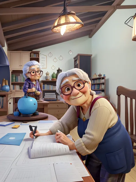 A wise old woman standing in front, illuminated by the light of a lamp, contra o pano de fundo de uma biblioteca estilo desenho pixar