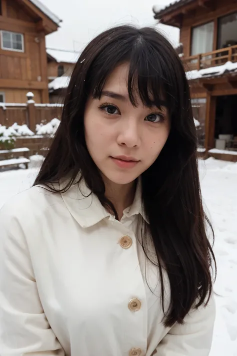 asian girl with big black eyes, rosy nose and cheeks and long black hair with bangs, selfie on snow