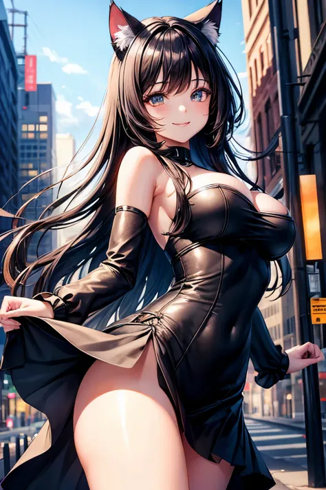 Top quality, high resolution, perfect human structure, background focus, cat ears, front view, glowing hair, black hair, city, gradient eyes, swept bangs, front angle, dress, smiling,