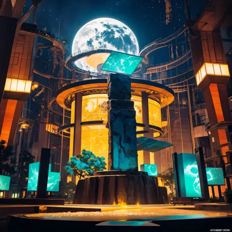 Alien Hexagonal Base (very detailed nipples) In a hexagonal mountain oasis，There are several hexagonal exhaust fans and chimneys, some neon lights projecting from the base，Light up the dark night), There are some clouds in the night sky, Some surrounding p...