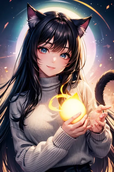 Top quality, high resolution, perfect human structure, background focus, cat ears, front view, glowing hair, black hair, living, gradient eyes, swept bangs, front angle, sweater, smiling,