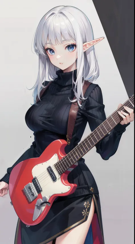 ((masterpiece, best quality)), official art, unity 8k wallpaper, ultra detailed, an elf woman, with a ((guitar)) in her hands and a joy in her eyes, BREAK, highly detailed of (elf), (1girl), solo, big breast, perfect face, details eye, Blunt bangs, (hair b...