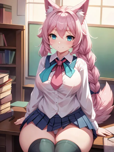 (Masterpiece) (High Detail) (High Res) a short petite humanoid girl with pale human skin, bright turquoise-coloured eyes, long pink hair in a braid and large fluffy pink dog ears and a big fluffy pink dog tail and average breasts is wearing school uniform ...