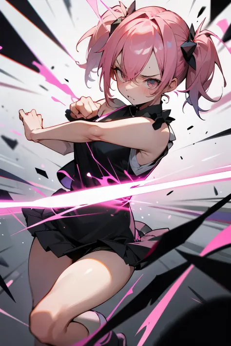 Girl with pink hair、Huge twintails、Black sleeveless shirt、a miniskirt、Contre-Jour、distressed face、in fighting、Hands are facing us