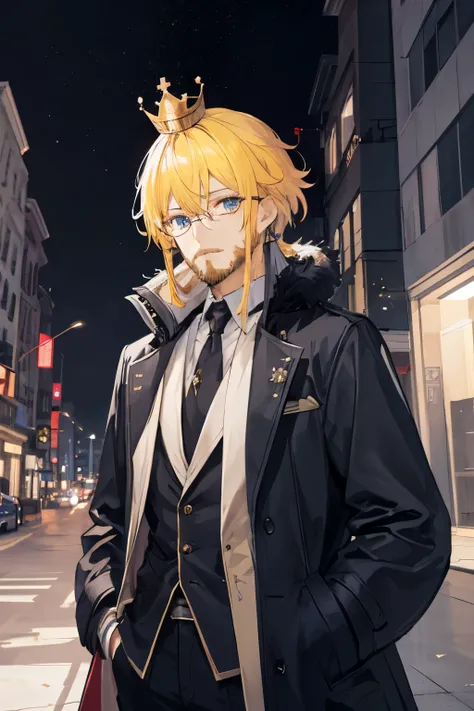 Masterpiece, Best Quality, 1 boy, night city, Sateen, coat, Detailed Face, A detailed eye, beauty eyes, looking a viewer, hands in pocket, avatar, Male character, yellow hair strokes, eyeglasses, beard, royal person, crown on her head