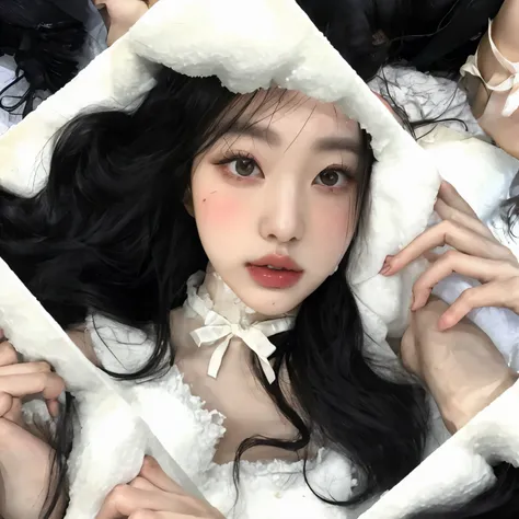 un primer plano de una mujer con un abrigo de piel blanco y un cuello blanco, ulzzang, Peinado blanco de corte hime, El Corte Hime, aesthetic!!!!!!!!!!, aesthetic cute with flutter, lofi girl aesthetic, Cabello negro Hime cortado, Retrato realista kawaii, ...