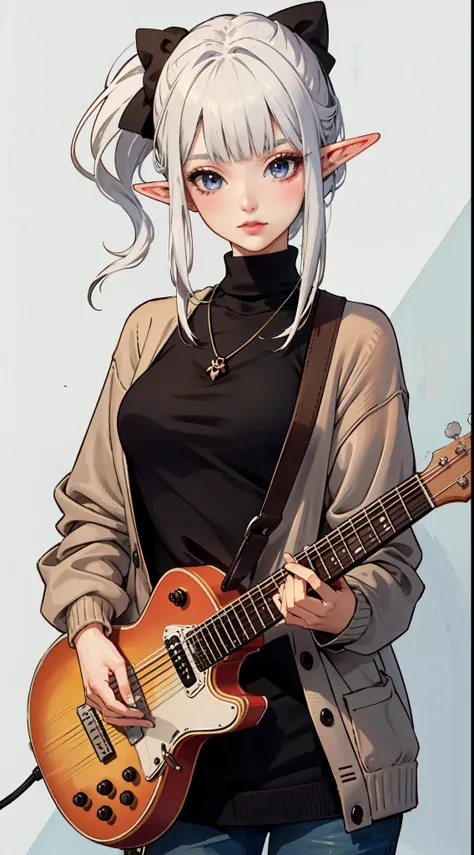 ((masterpiece, best quality)), official art, unity 8k wallpaper, ultra detailed, an elf woman, with a ((guitar)) in her hands and a joy in her eyes, BREAK, highly detailed of (elf), (1girl), solo, big breast, perfect face, details eye, Blunt bangs, (hair b...