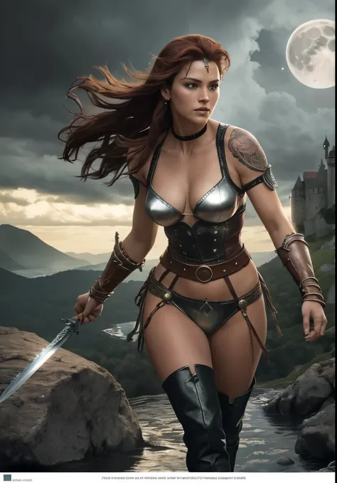 (masterpiece), best quality, expressive eyes, perfect face, ((woman warrior poster)), ((red sonja warrior in fighting pose)), ((poster includes army fighting in the background)), 8k , blood on skin, mandala tattoos, full body, dark cloudy sky with lightnin...