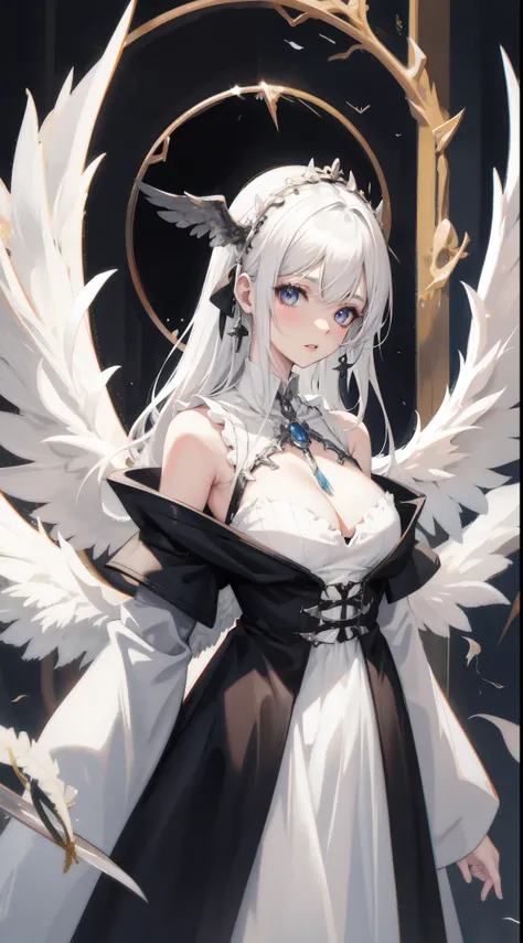 Rusticcore, contest winner, pixiv, Disgusting a white haired woman with wings and jewels on her head and chest, wearing a white dress with silver wings and a silver collar, (Charlie Bowater:0.158) , (Yoshitaka Amano:0.073) , (a character portrait:0.265) , ...