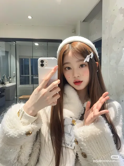 arafed woman taking a selfie in a mirror with a cell phone, ulzzang, Lalisa Manobal, Peinado blanco de corte hime, Chica de anime en la vida real, Wan adorable cara coreana, con el pelo largo, Chica coreana, con el pelo largo and piercing eyes, Joven y ado...