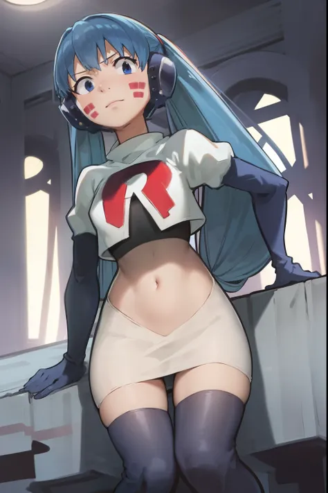 masterpiece, best quality, pov, harmit1, 1girl, solo, blue eyes, blue hair, long hair, twintails, facial mark, headphones, 
team rocket,team rocket uniform, red letter R, white skirt,white crop top,black thigh-highs,black elbow gloves