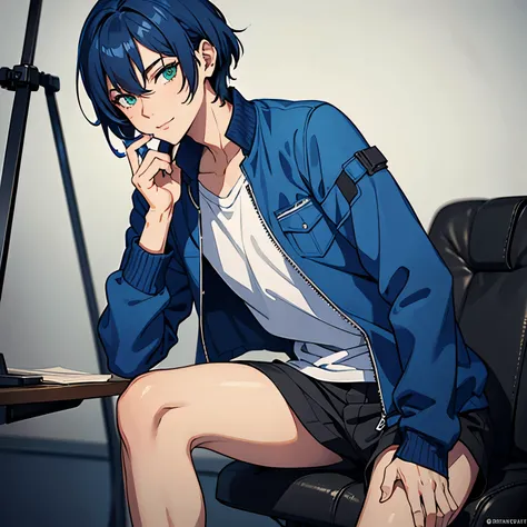 Best quality: 1.0), (Super High Resolution: 1.0), Anime boy, short royal blue hair, green eyes, grey zip up jacket, Nuded, slight smile, sitting in front of viewer