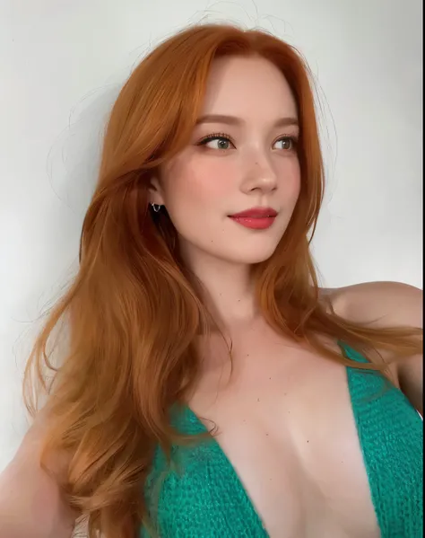 a close up of a woman with long red hair wearing a green dress, amouranth, better known as amouranth, red hair and attractive features, flowing ginger hair, ginger hair, ginger wavy hair, long glowing red hair, she is redhead, beautiful redhead woman, gene...