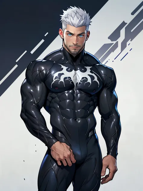 young muscular male, masterpiece, intricate details, upper body, best quality, eye focus, silver hair, manly, stubble, venom, symbiote costume,(emiya_shiro:1.2),dark skin, 1boy, (symbiote full bodysuit:1.1), eye focus, face, detailed eyes, symbiote skin ti...