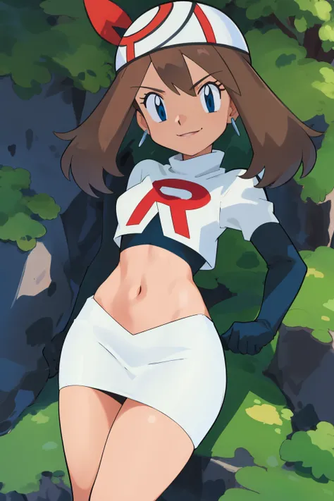 masterpiece, best quality, highres, outdoors, 1girl, solo, may (pokemon),  glossy lips, earrings ,team rocket uniform, red letter R, white skirt,white crop top,black thigh-high boots, black elbow gloves, evil smile, looking at viewer, cowboy shot