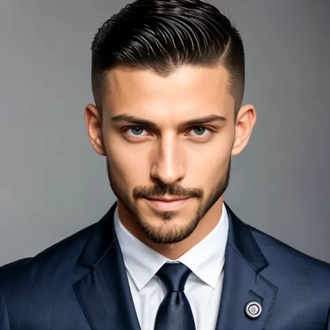 charlzcjm, headshot, (jacked charlzcjm, bright hazel green eyes), (curly low fade haircut:1.14), (sunburned skin, 5 oclock shadow) ((smirking, buff)), detailed face, detailed iris, full lips, ((cute, wearing a modern luxury dark navy blue suit, pocket hand...