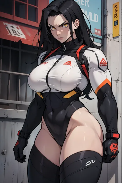 best quality best quality best quality black hair yellow eyes pale skin muscular huge greasts thick thighs angry solo extremely long hair girl body suit highly detailed highly detailed thick thick