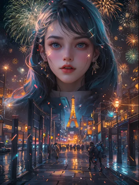 (tmasterpiece),（ultra - detailed：1.3），Best quality，（sparkling fireworks:1.2），（new year，concert celebration:1.4），(at winter season，Men and women wearing couple&#39;s down jackets: 1.5), gorgeous color，crowd of，As estrelas，(river bank)，(city night scene，skys...