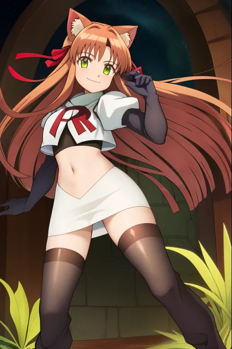 kanade, anime art style, 1girl, solo, long_hair, breasts, looking_at_viewer, smile, bangs, brown_hair, ribbon, animal_ears, very_long_hair, closed_mouth, green_eyes, hair_ribbon, cat_ears, red_ribbon, animal_ear_fluff, team rocket, team rocket uniform, red...