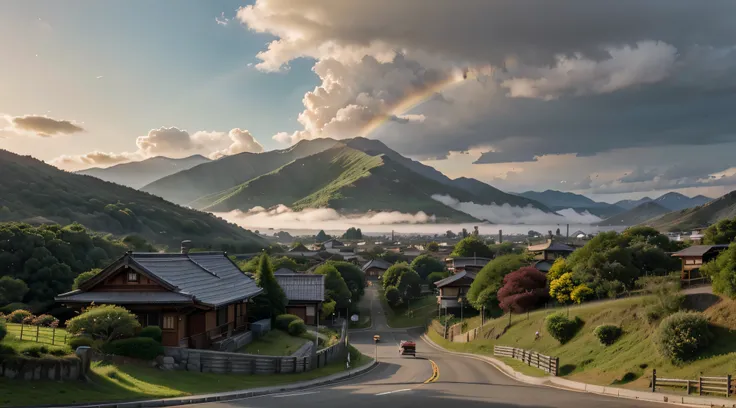 A stunning landscape of a towering mountain that partially hides behind the drifting clouds, like a giant guarding the valley. The sun is setting behind the mountain, casting a golden glow on the clouds and the waterfall. The waterfall is roaring, creating...