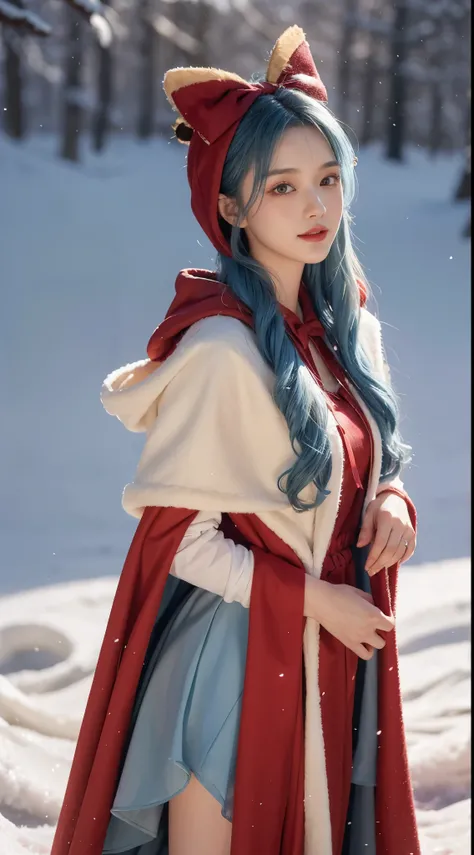 1 girl，hoody，fur cape，Blue hair，ssmile，Lolita costume，Extra-long hair，Red bow hair ornament，The content is very detailed,center frame,Focus sharp,城市，natta，snow field，Blizzarding，luring，8K，tmasterpiece，winning artwork，