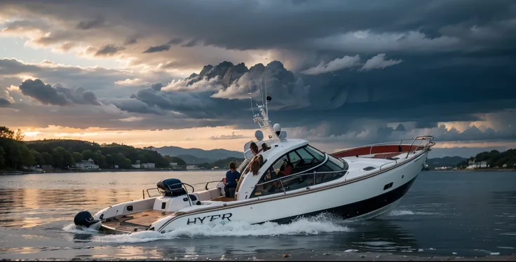 A seaboat in the lake in stormy weather, hyper-realistic photorealistic intrincately Detailed ultra-sharp Masterpiece