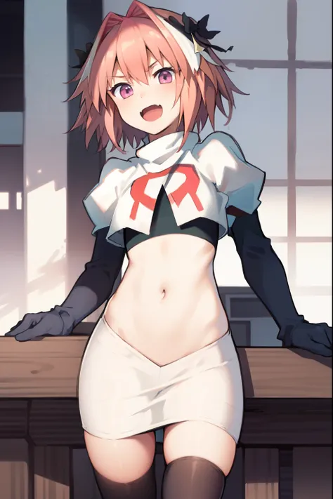 absurdres, masterpiece, best quality, (astolfo fate:1.2155), 1boy, male focus, trap, pink multicolored hair, pink hair, white hair, hair intakes, long hair, pink detailed eyes, crossdressing,1boy, team rocket,team rocket uniform, red letter R, white skirt,...