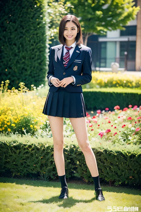 (((full body Esbian)))、((Girls High School Uniforms))、((１a person))、short-hair、Close to the subject、((a miniskirt))、(((School flower beds)))、(((ssmile)))、(((Girls High School)))、((a beauty girl))、((sexy  pose))、Photorealsitic、Beautiful detailed eyes、Hyper-...