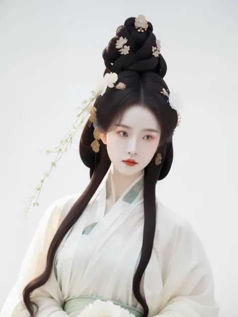 フォトリアリスティック,True humans,There are hairpins and brightly colored flowers on the head,a close up of a woman with long hair wearing a white dress, guweiz, white hanfu, A masterpiece by Guwitz, Guviz style artwork, 宮 , A girl in Hanfu, Detail of long white hai...
