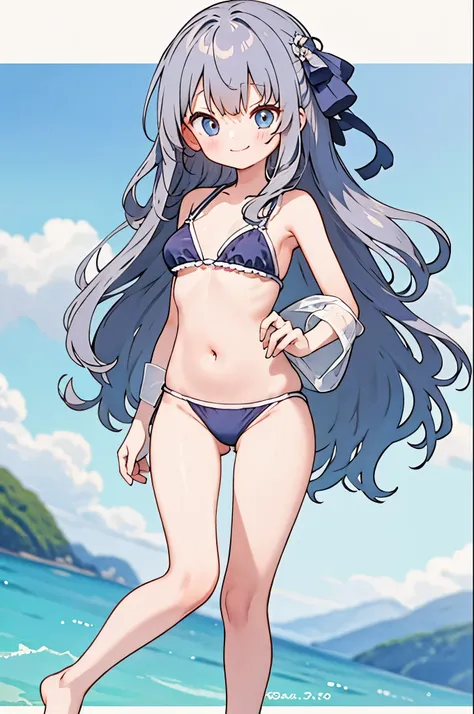 ((4ｋ、8ｋ、top-quality、perfect fingers：1.3、perfect anatomia：1.3、Blur the background))、((stright long hair：1.3、sixteen years old、a beautiful slender girl、a baby face))、((swim wears))、(Cute big round eyes)、blushing shy smile、Full Body Display、is standing、blue-s...