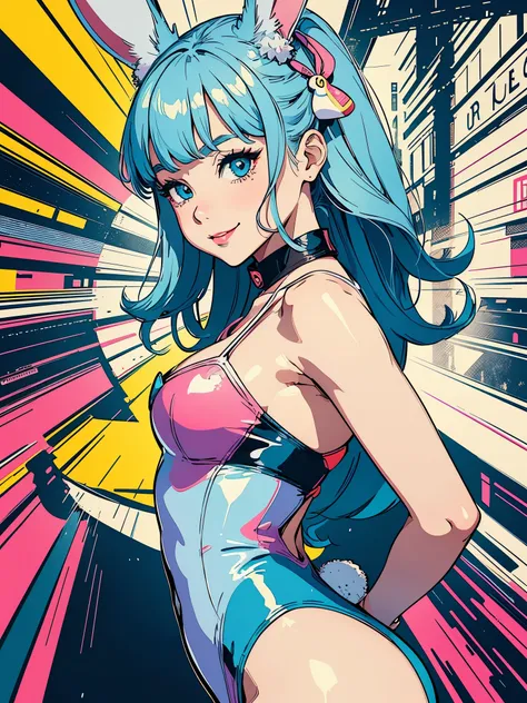 Create digital artwork in pop art style、Features a smiling bunny girl with detailed details、Turn、look at a camera、Street fashion、Movie color schemes、Surrounded by vintage rabbit motifs、Vivid brush strokes、Emotions must be dynamic、Upper body、Side、Drawing、Il...