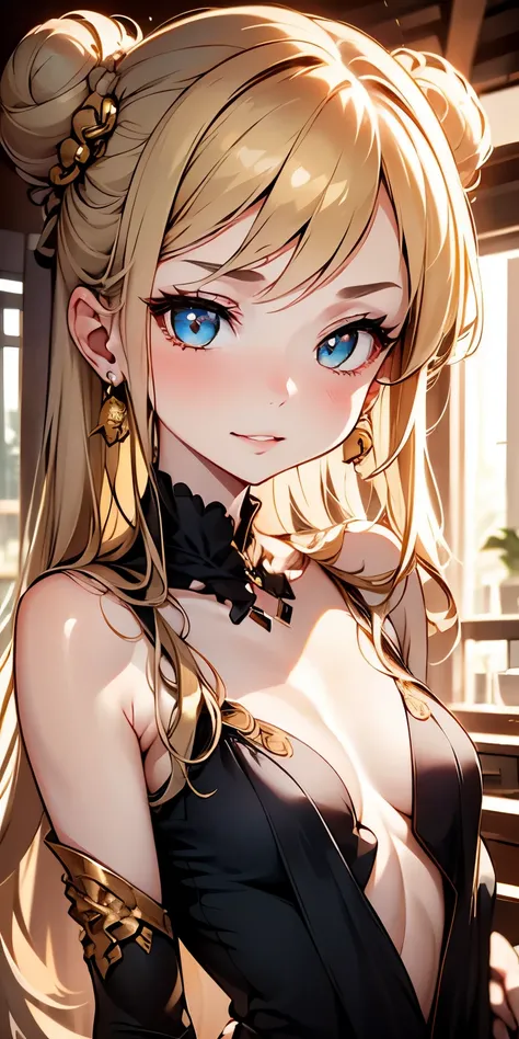 Cute Girl, (ash blond hair), ((very bun hair)), Perfect face, Innocent smile, Upper body,(Cerulean Eyes), (Yan), (Petite), (slender), ((flat chest)), ((16 only)), Skindentation, Extreme Detail, charming oval face, Red lips, Pink, Glossy skin, detailed hair...